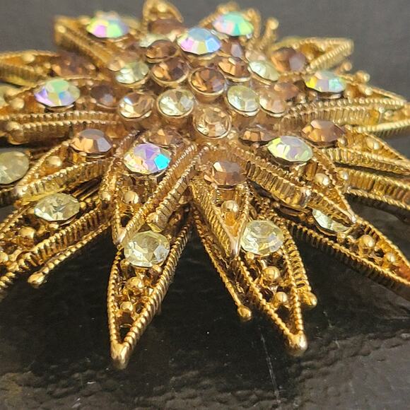 Starburst Brooch Pin Gold Tone Brown and White Rhinestones - Picture 4 of 9